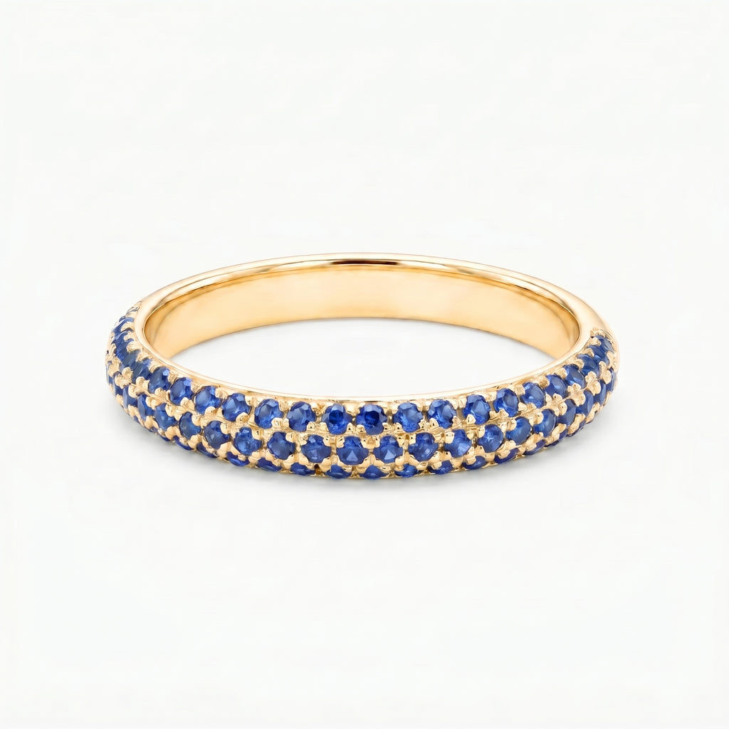 Natural Blue Sapphire Micro Pave Half Eternity Ring - 14K Gold