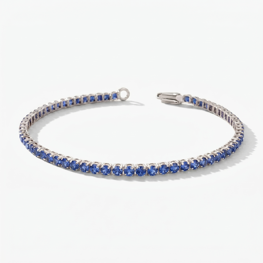 Natural Blue Sapphire Tennis Bracelet - Round - 14K Gold - Dainty