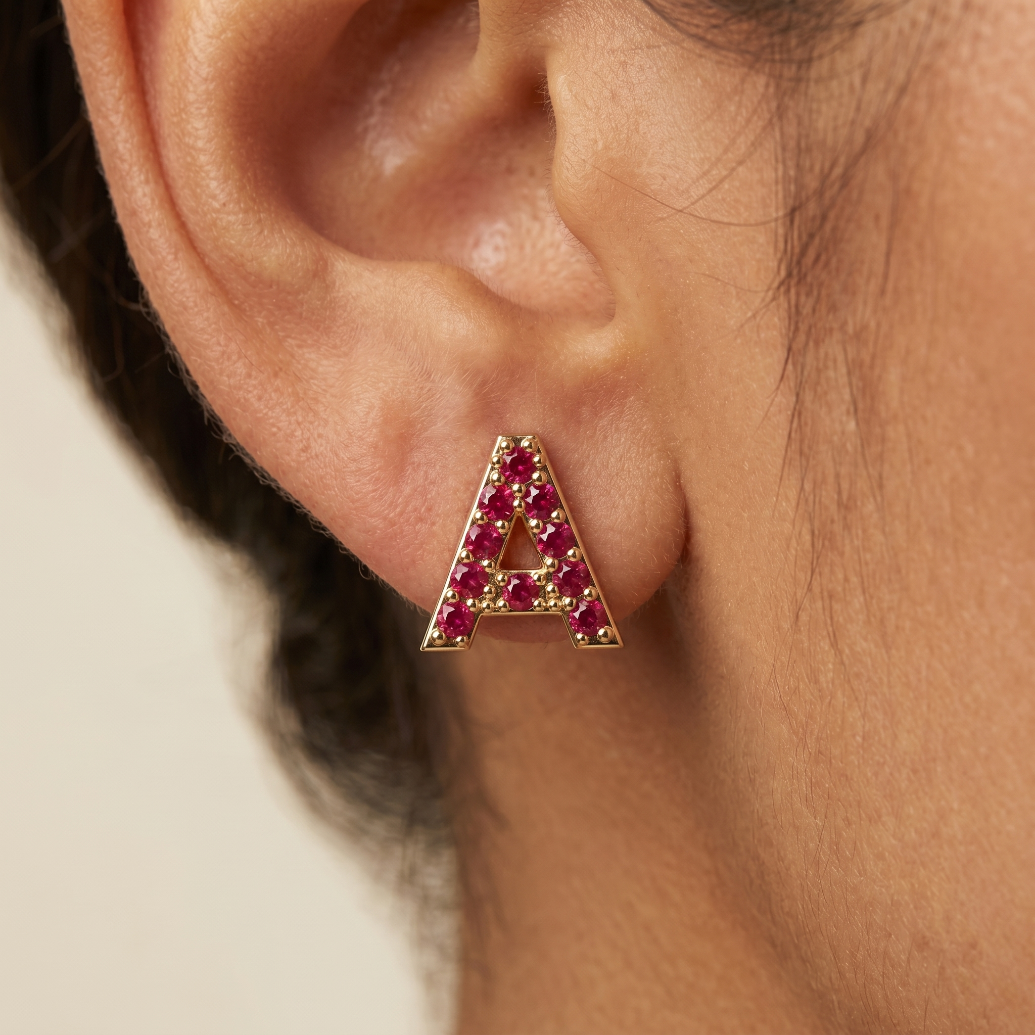 Natural Ruby Initial Letter Earring Studs - 14K Gold