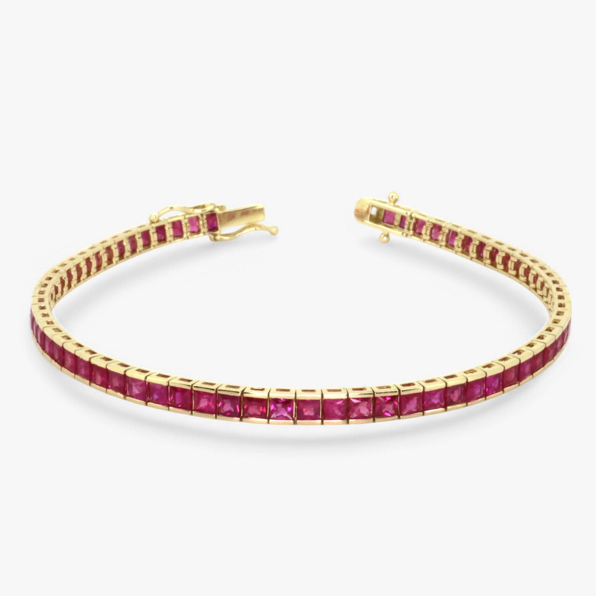 Ruby 14K Yellow Gold Bracelet - Princess Cut - Natural Square Ruby, Tennis Bracelet, Gemstone Jewelry