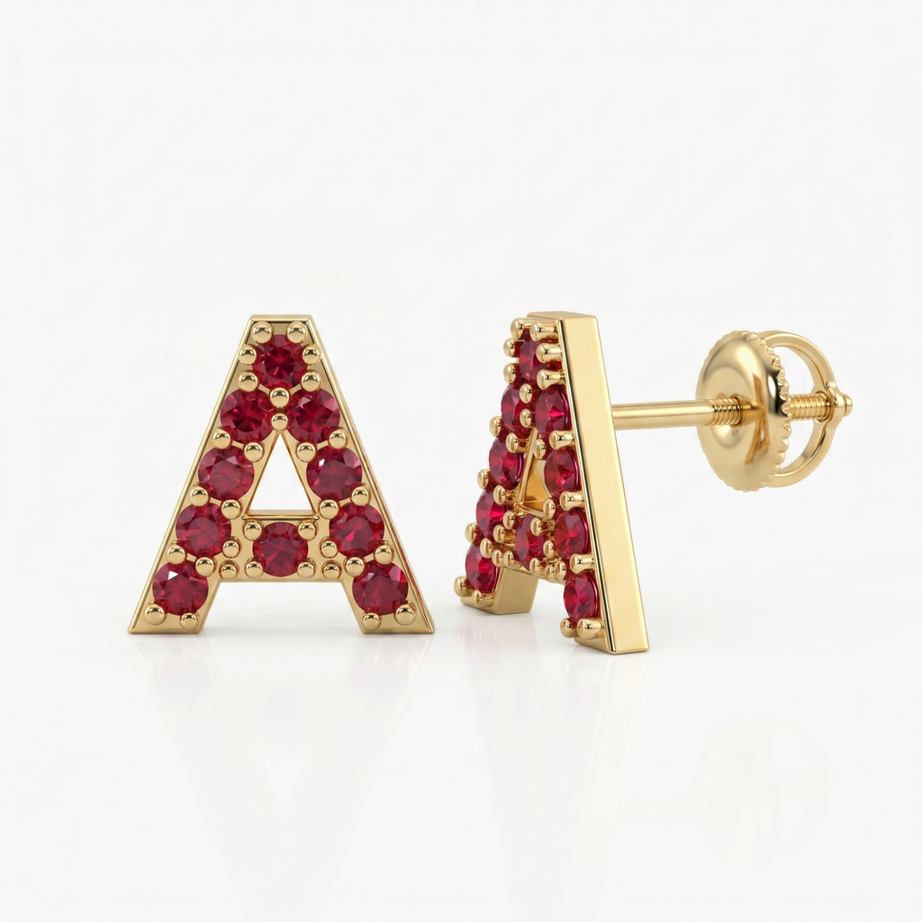 Natural Ruby Initial Letter Earring Studs - 14K Gold