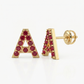 Natural Ruby Initial Letter Earring Studs - 14K Gold