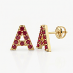 Natural Ruby Initial Letter Earring Studs - 14K Gold